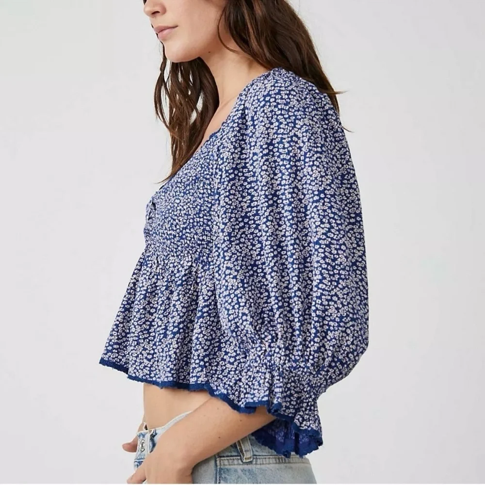 Free People Brittnee Printed Top Blue Floral
